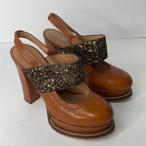 Twin-Set gold glitter tan leather platform pumps - Picture 1 of 10